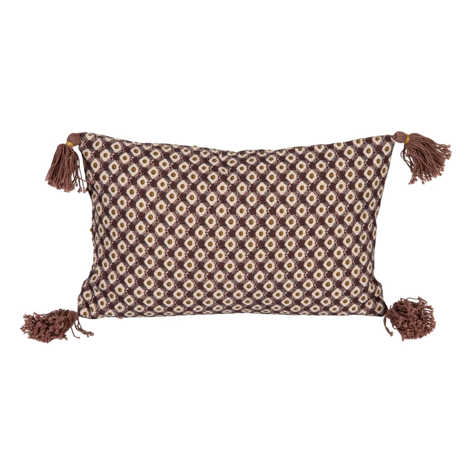 Cotton Printed Lumbar Pillow with Tassels, French Knots & Pattern