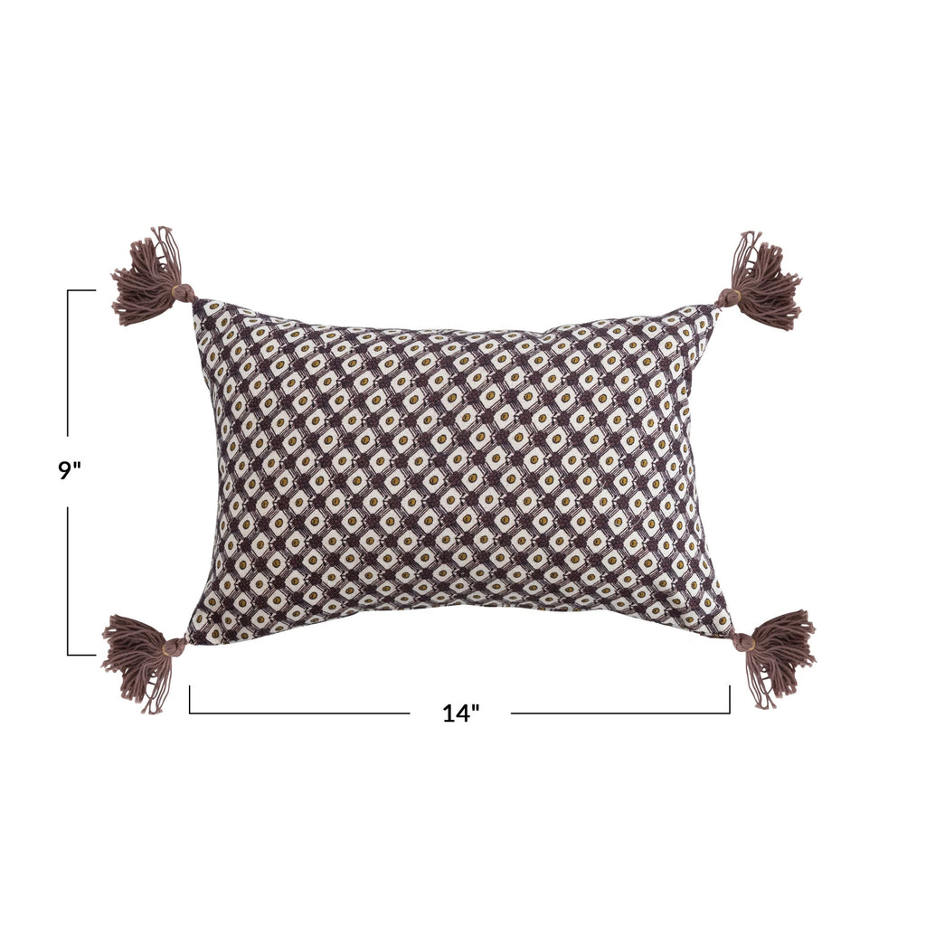 Cotton Printed Lumbar Pillow with Tassels, French Knots & Pattern
