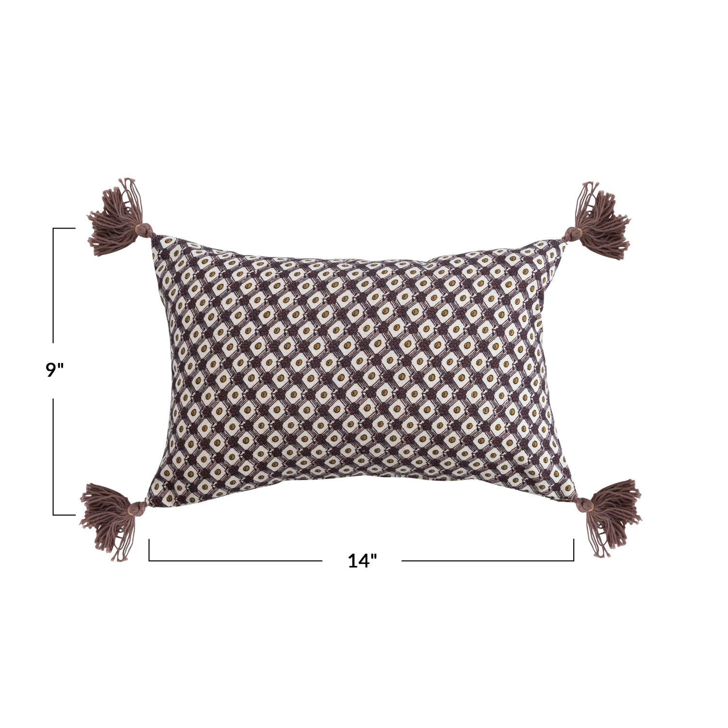 Cotton Printed Lumbar Pillow with Tassels, French Knots & Pattern