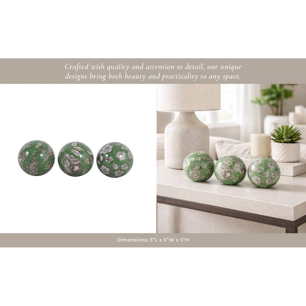 Objects Set of 3 - Green/White Ceramic Chinoiserie Orb, 5 in.