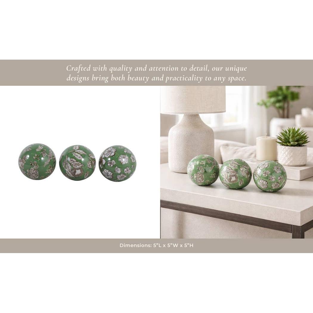 Objects Set of 3 - Green/White Ceramic Chinoiserie Orb, 5 in.