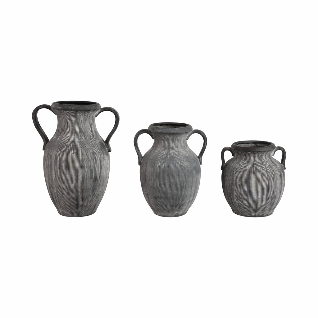 Black Ribbed Stoneware Vase with Handle, 10 in.