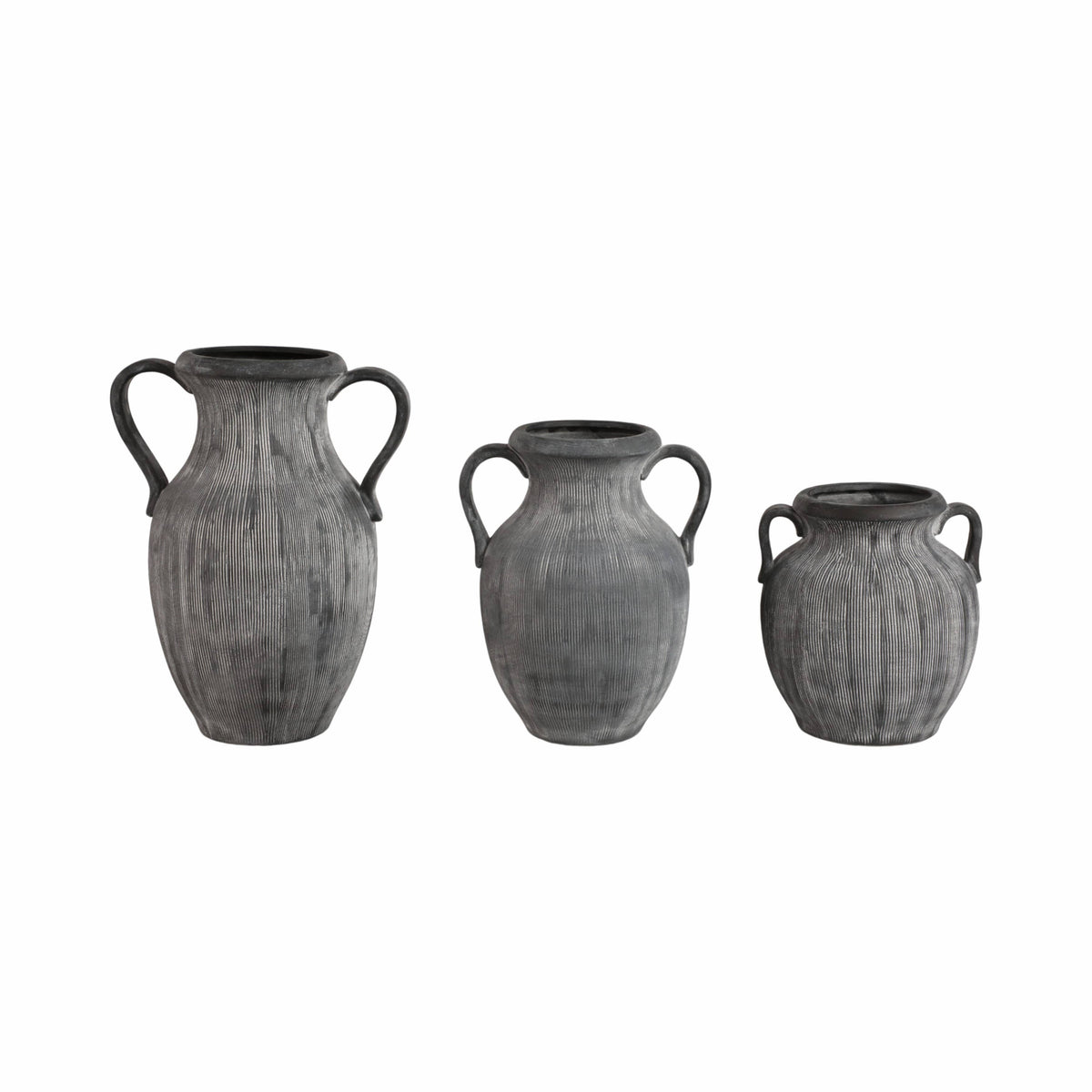 Black Ribbed Stoneware Vase with Handle, 10 in.