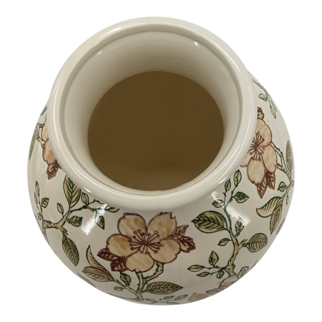 Brown and Green Cherry Blossom Ceramic Vase, 13.5 in.