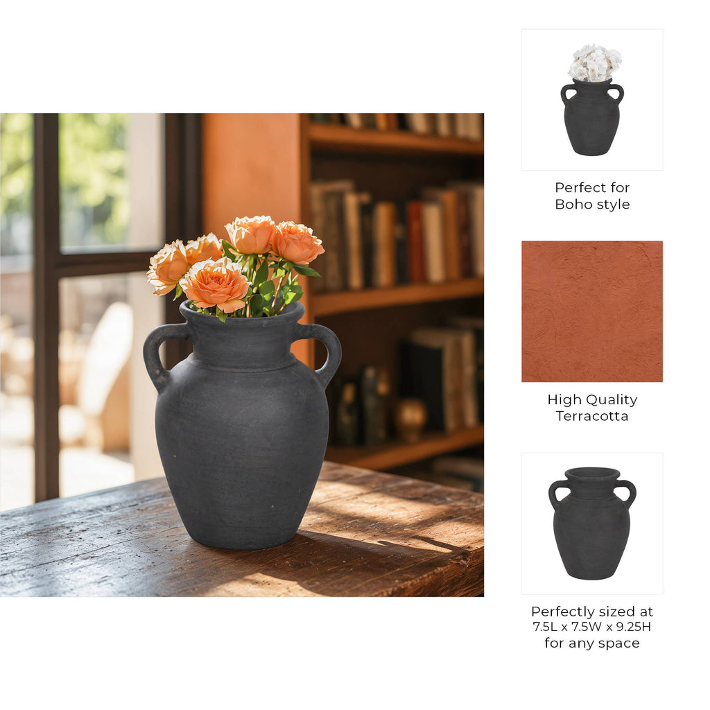 Decorative Vase - Black Ceramic Amphora with Handles, 9 in.