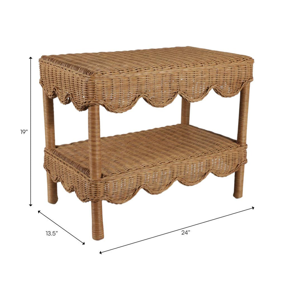 Side Table - Tan/Brown Wicker with Scalloped Edges, 19 in.