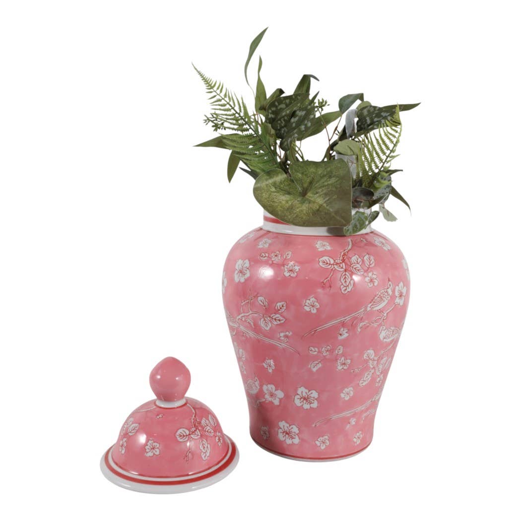 Decorative Jar - Pink/White Ceramic Floral Chinoiserie, 18 in.