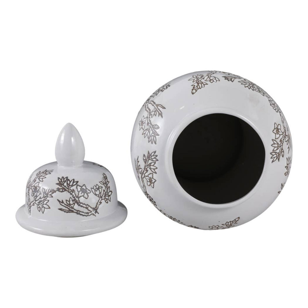Temple Jar - White/Brown Ceramic Cherry Blossom, 15 in.