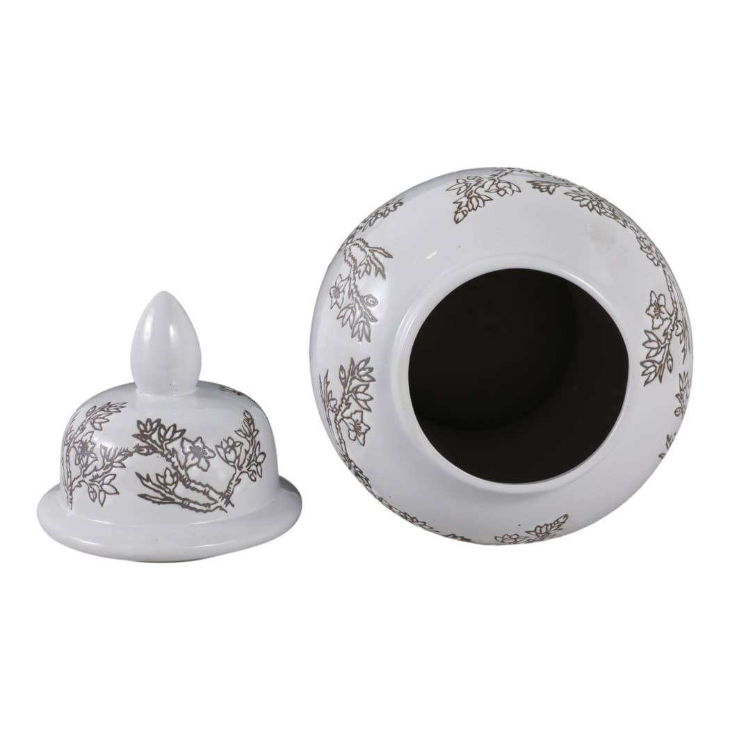 Temple Jar - White/Brown Ceramic Cherry Blossom, 15 in.