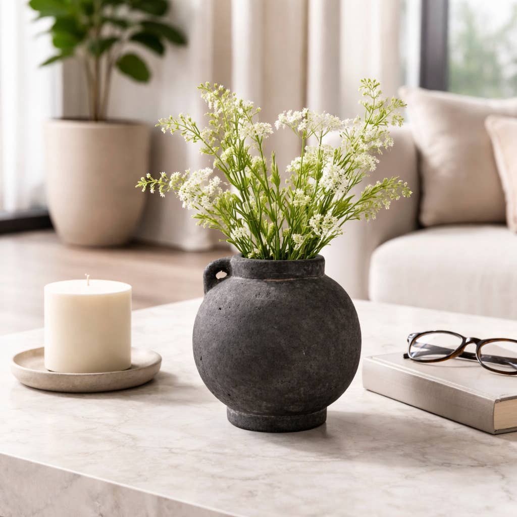 Decorative Vase - Black Ceramic Bulbous with Handle Jug, 7 in.