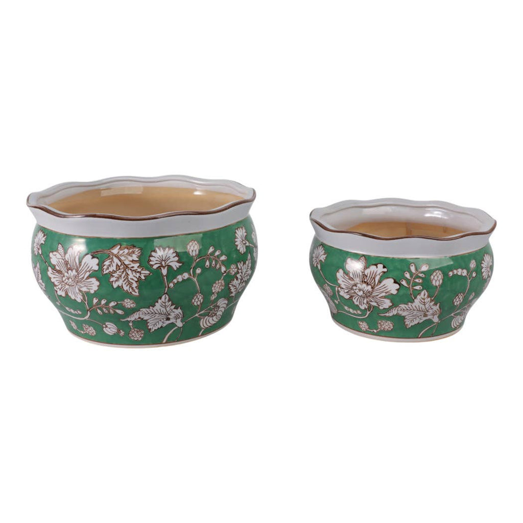Planters Set of 2 - Green Ceramic Floral Vines, 10/12 in.