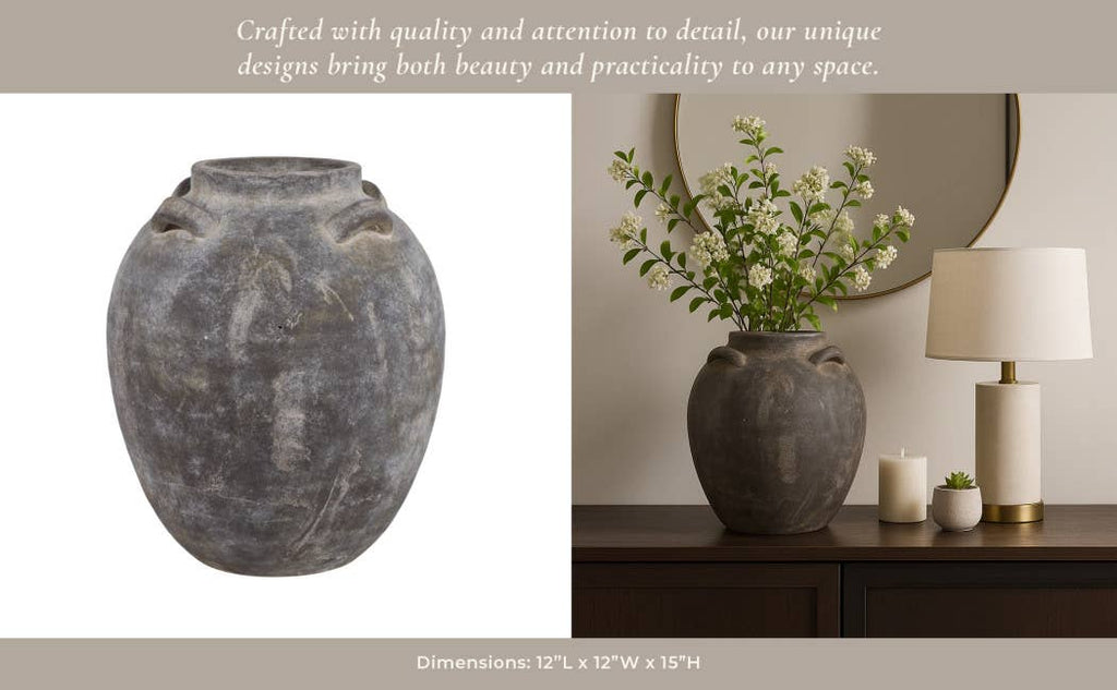 Decorative Vase - Grey Terracotta Jar with Multi Handles, 15 in.