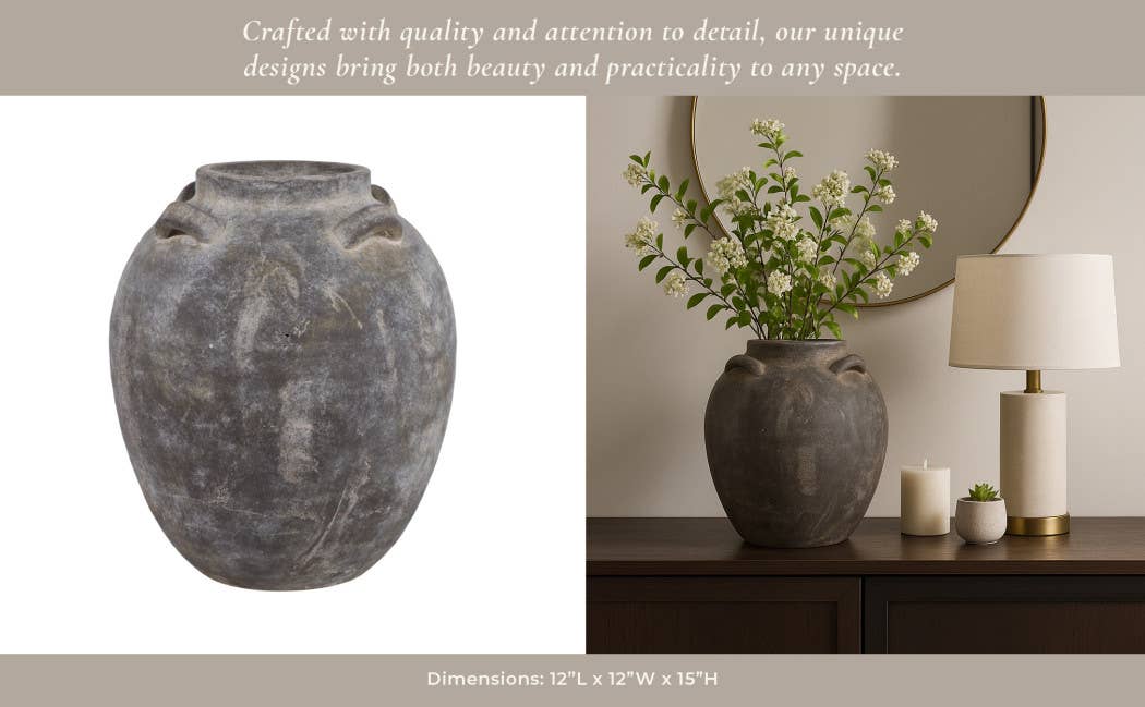 Decorative Vase - Grey Terracotta Jar with Multi Handles, 15 in.