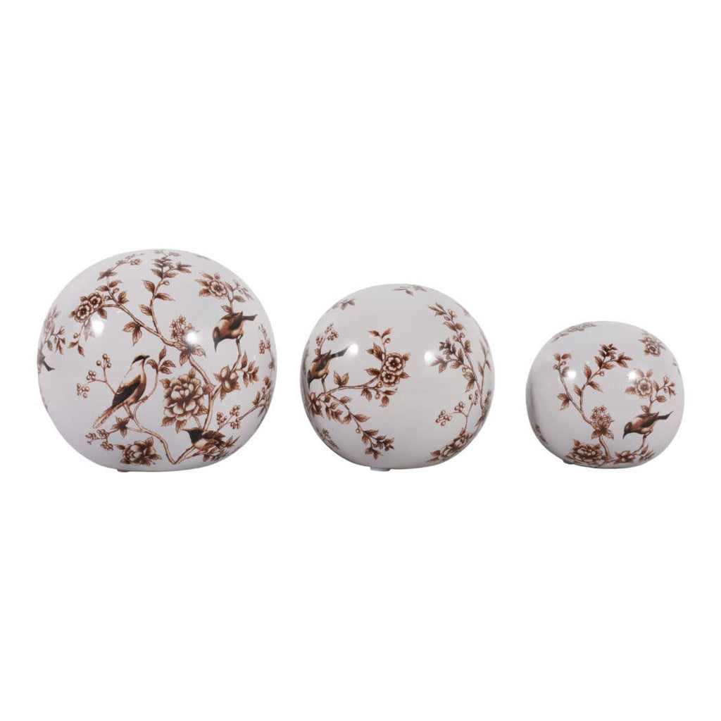 Objects Set of 3 - Brown/White Ceramic Birds Orbs, 4/5/6 in.