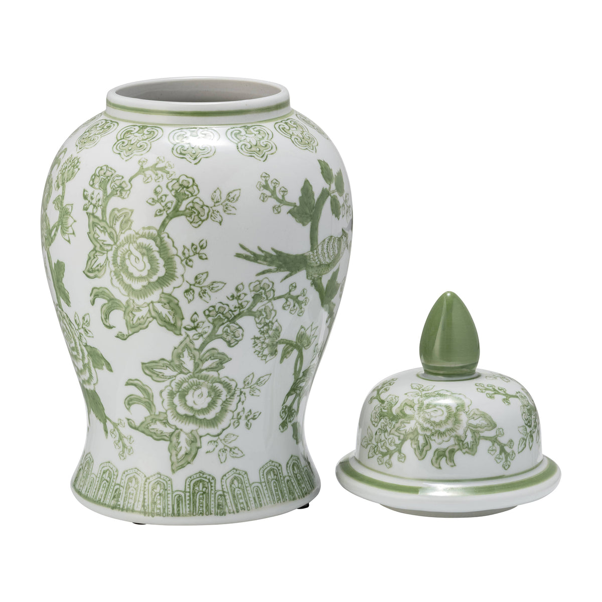 Green and White Round Floral Chinoiserie Jar, 14 in.