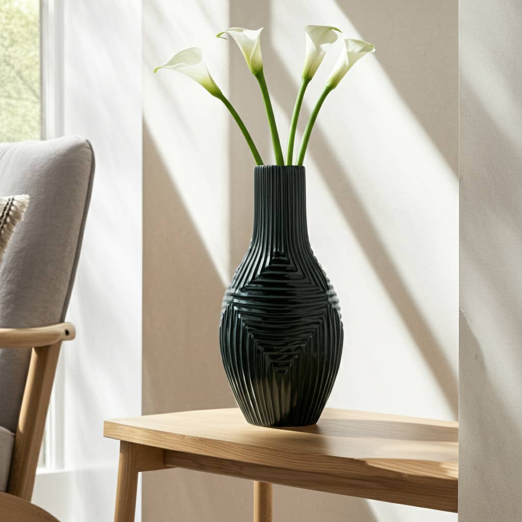 Forest Green Tribal Ribbed Ceramic Vase, 16 in.