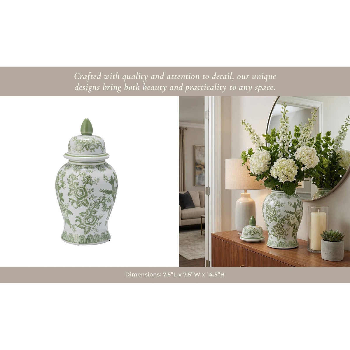 Green and White Round Floral Chinoiserie Jar, 14 in.