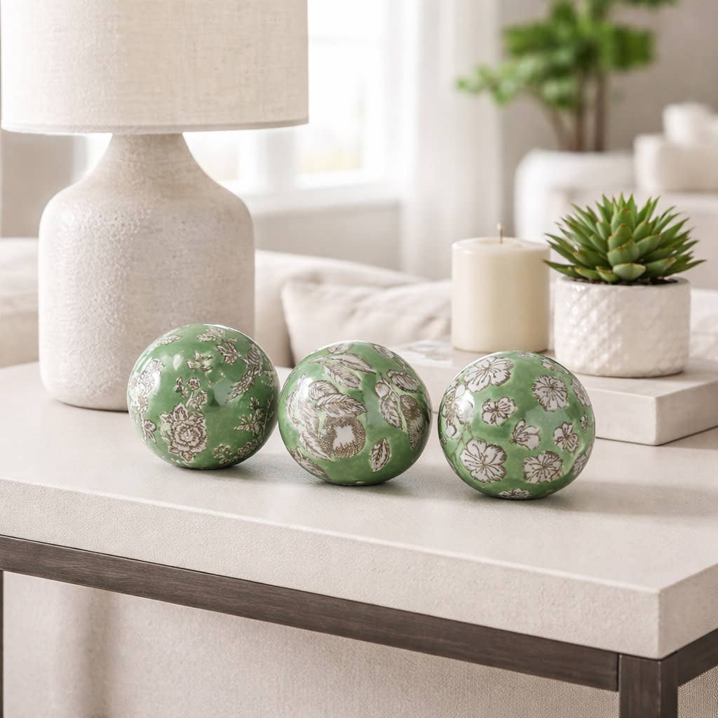 Objects Set of 3 - Green/White Ceramic Chinoiserie Orb, 5 in.