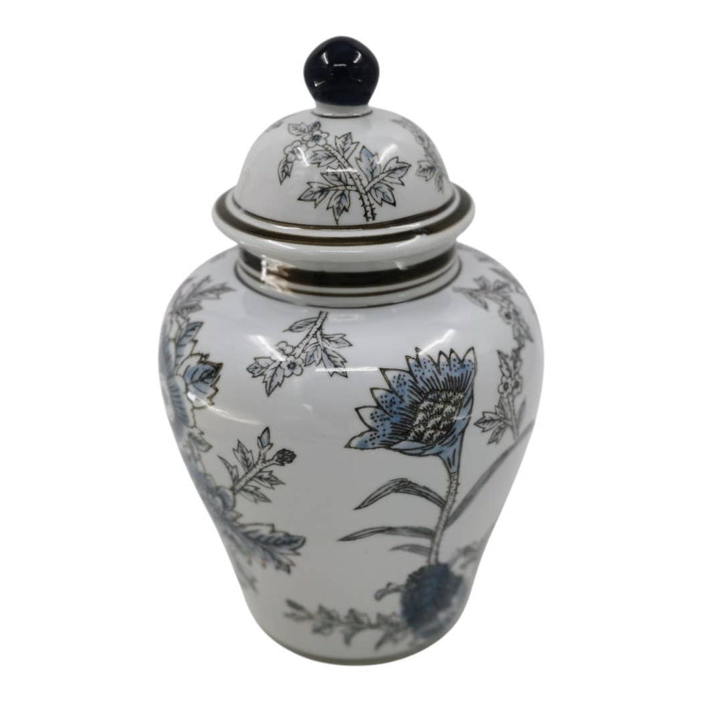 Decorative Jar - Blue/Brown Ceramic Floral Chinoiserie, 12 in.
