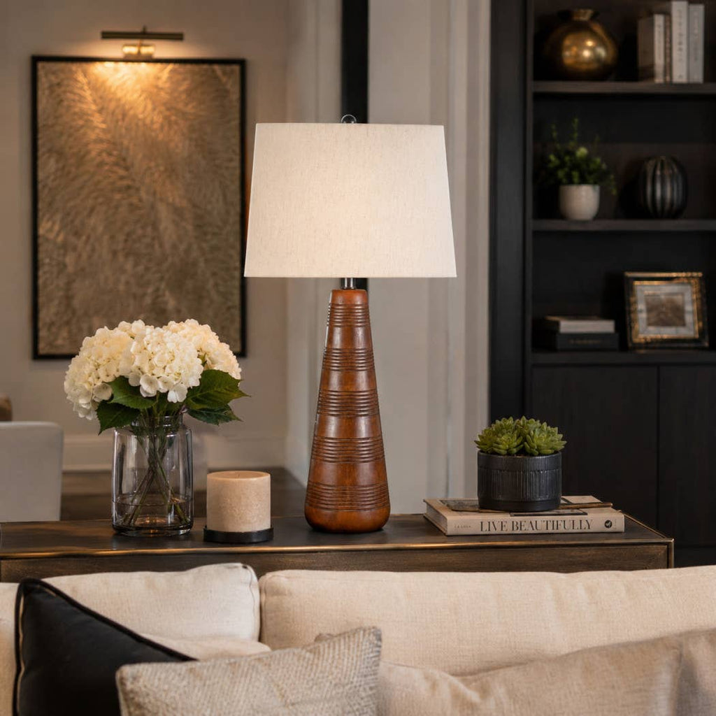 Table Lamp - Brown Iron and Modern Wood Tapered Base, 29 in.