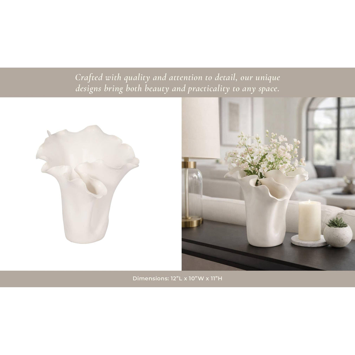 White Ruffled Ceramic Vase, 11 in.