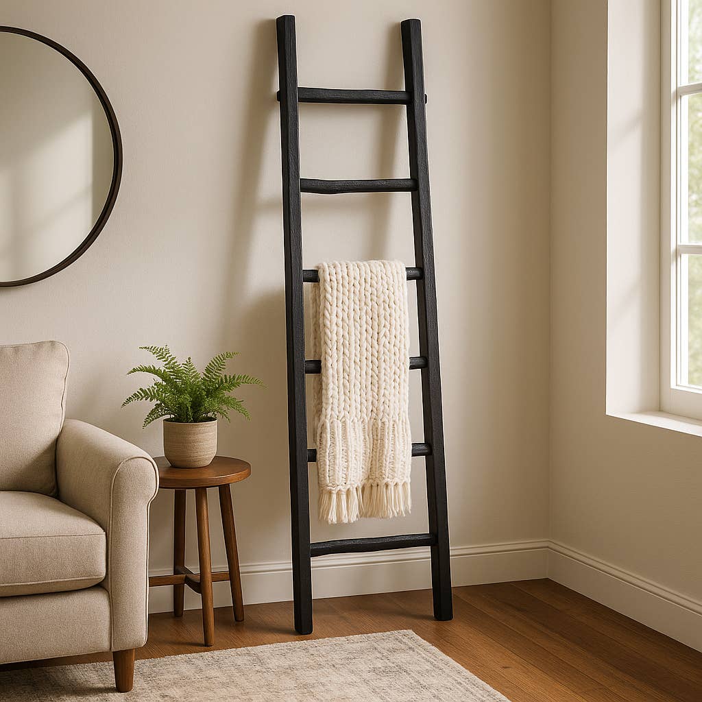 Wood Freestanding Decorative Blanket Ladder - Black, 76 in.
