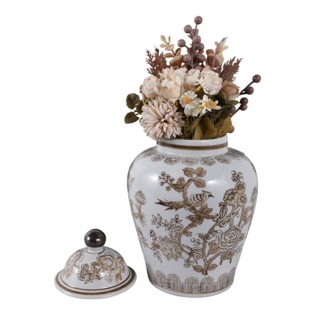 Temple Jar - Brown/White Ceramic Chinoiserie Bird, 12 in.