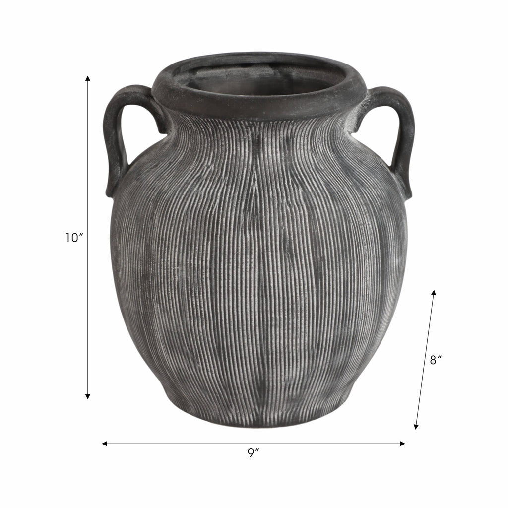 Black Ribbed Stoneware Vase with Handle, 10 in.