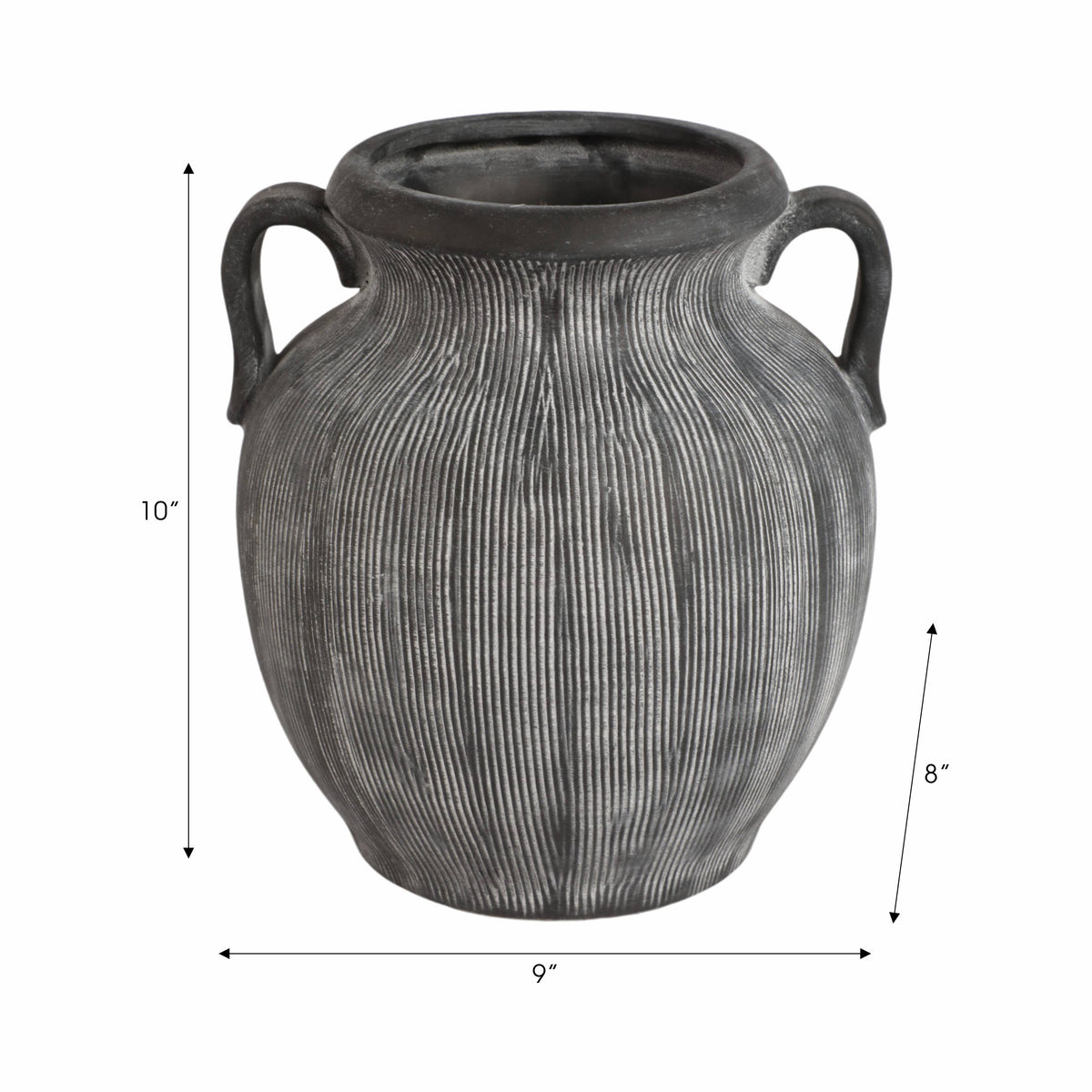 Black Ribbed Stoneware Vase with Handle, 10 in.