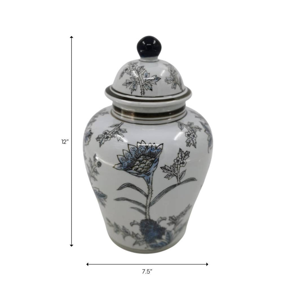 Decorative Jar - Blue/Brown Ceramic Floral Chinoiserie, 12 in.