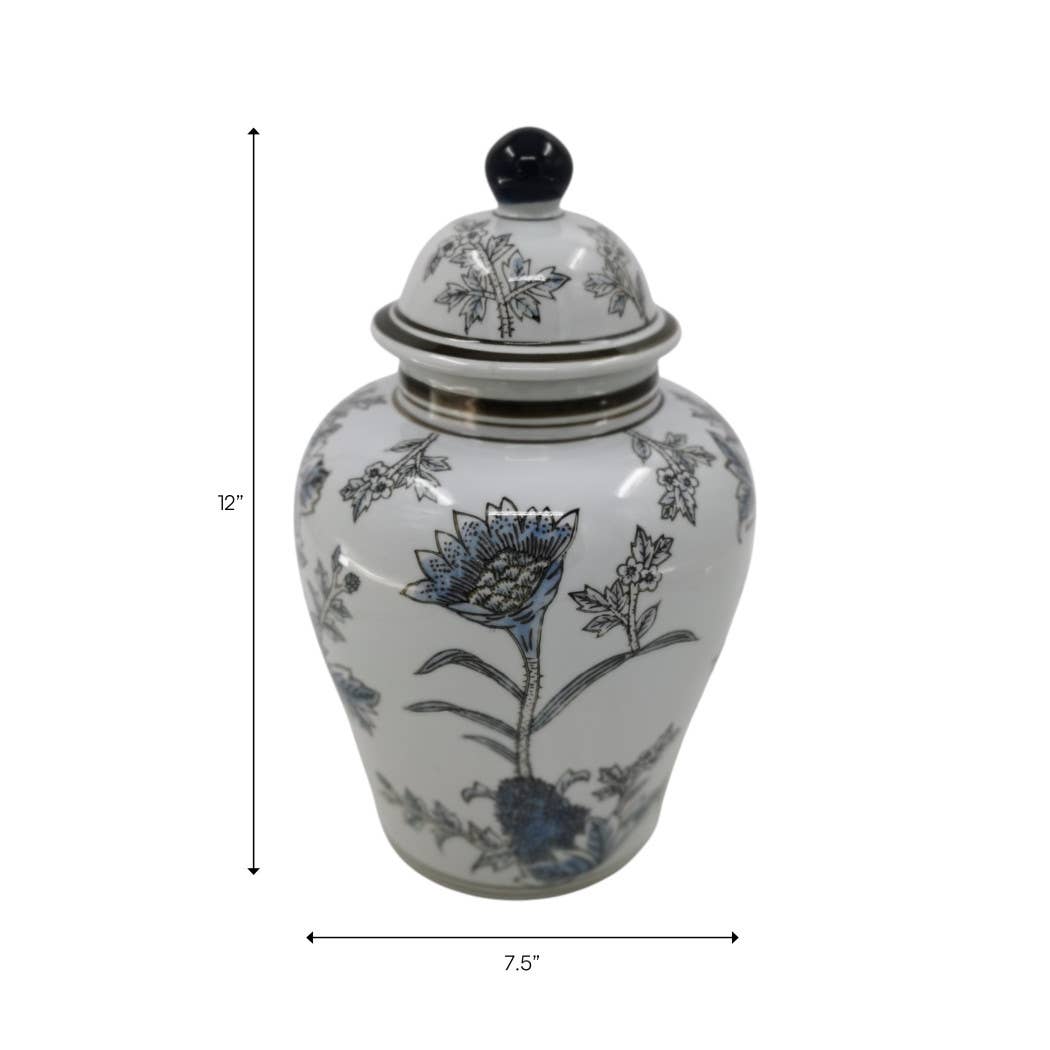 Decorative Jar - Blue/Brown Ceramic Floral Chinoiserie, 12 in.