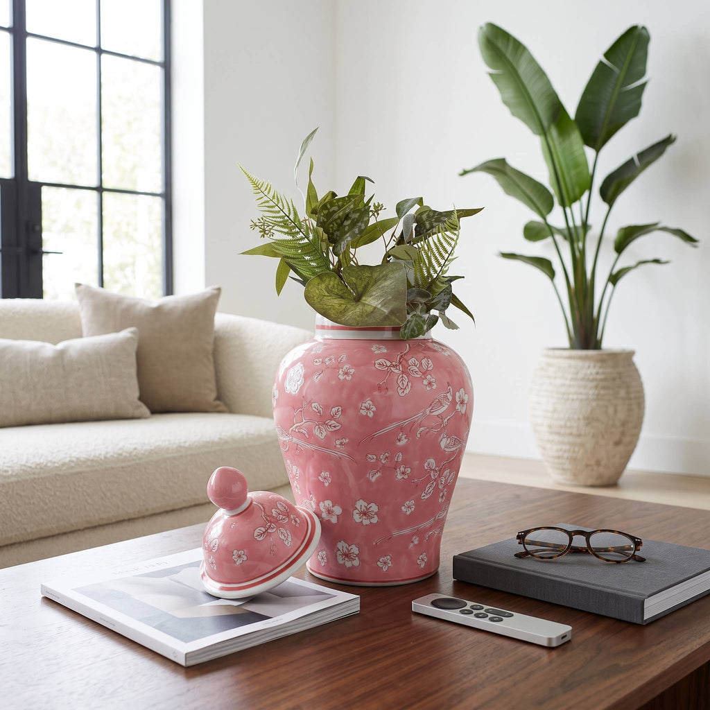 Decorative Jar - Pink/White Ceramic Floral Chinoiserie, 18 in.