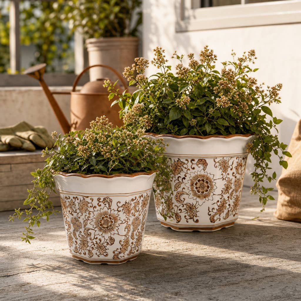 Plant Pot Set of 2 - Brown Ceramic Round Chinoiserie, 10/12 in