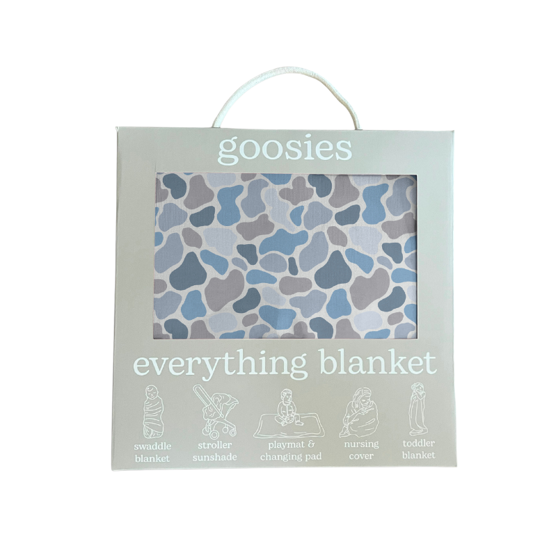 Package of 'goosies' everything blanket with watercolor camo design on a white background