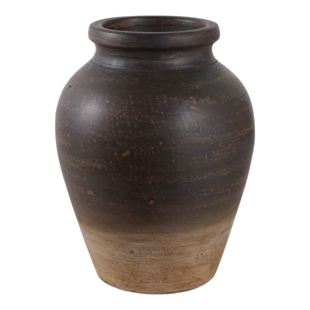 Decorative Vase - Chocolate Brown Ceramic Pottery Jug, 10 in.