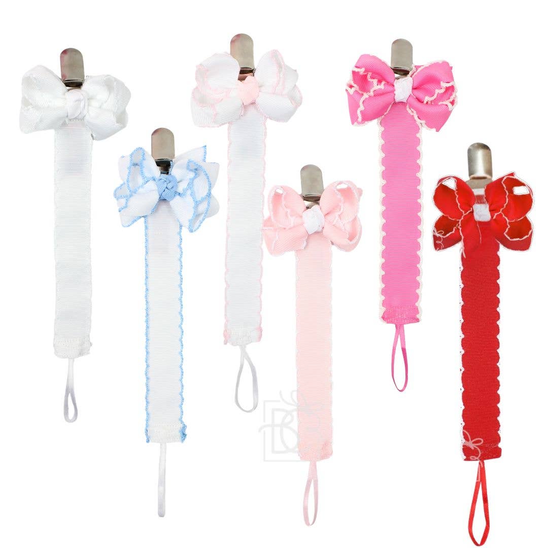 Crochet Edge Grosgrain Pacifier Clip w/ Detachable Bow