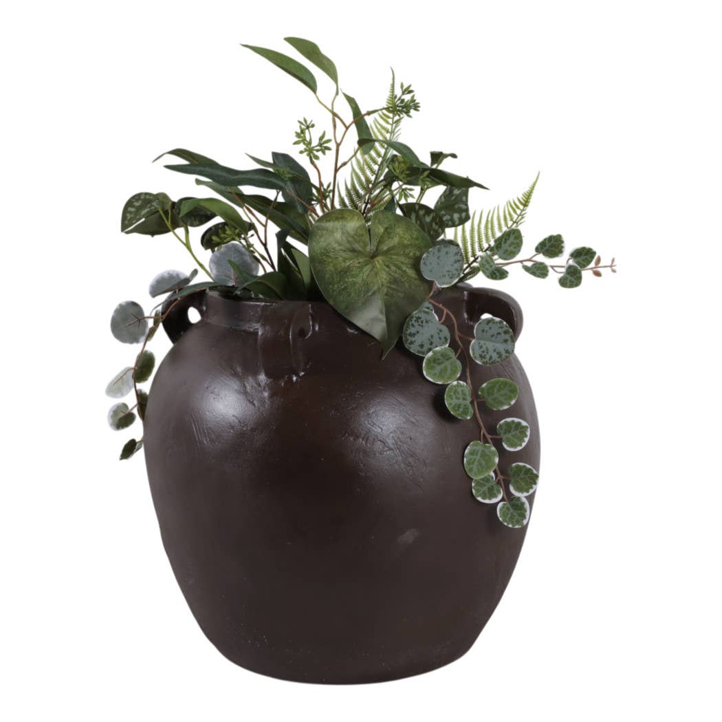 Decorative Vase - Brown Pottery Textured 4-Handle, 14 in.
