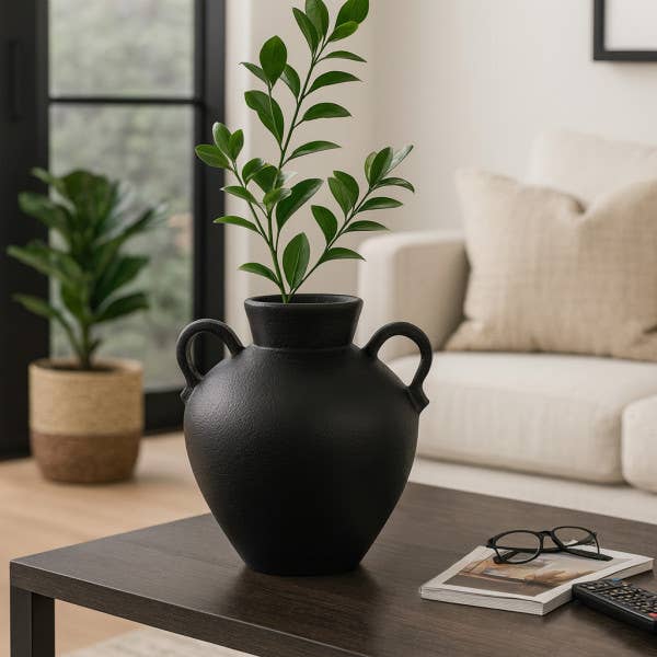 Ceramic Amphora Vase with Two Handles - Black, 17 in.