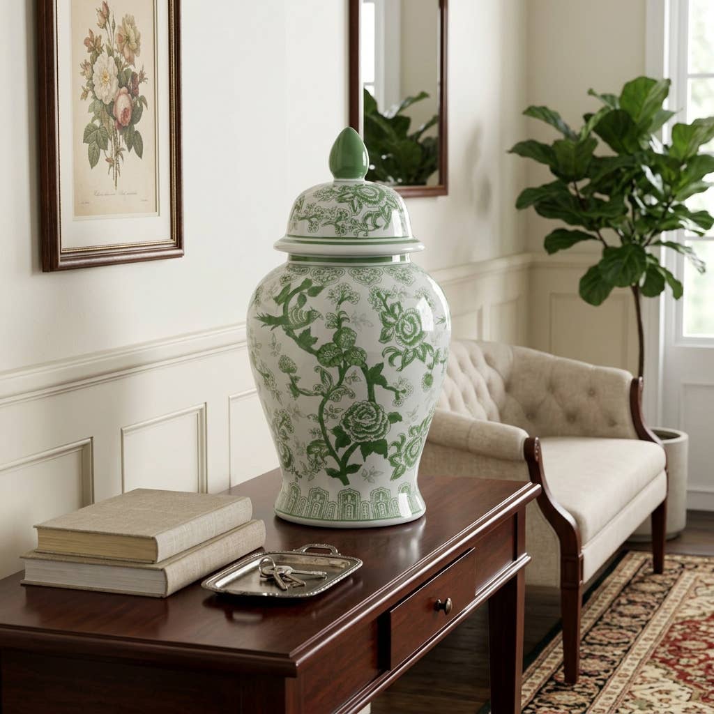 Green Tall Bird and Flower Ceramic Jar, 18 in.