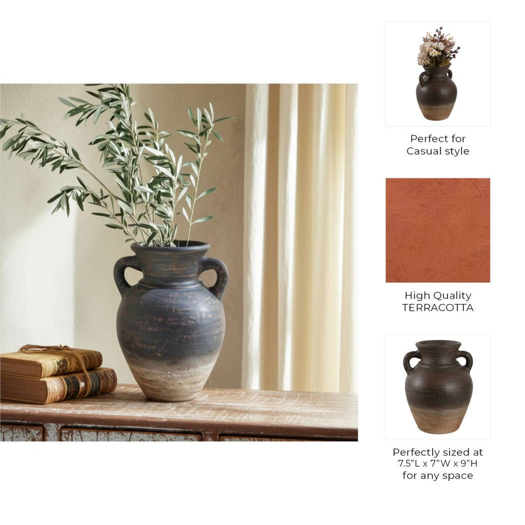 Decorative Vase - Brown Terracotta Amphora with Handles, 9 in.
