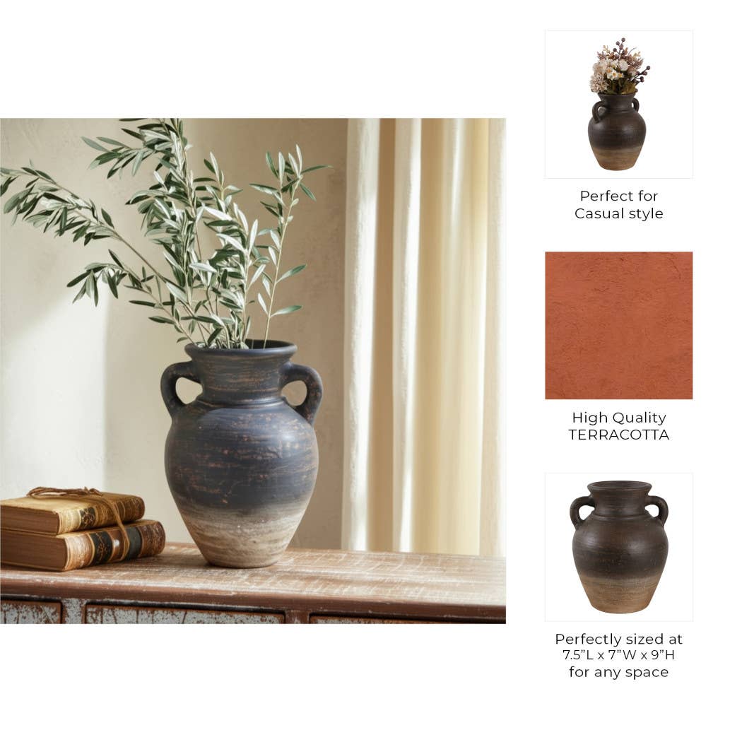Decorative Vase - Brown Terracotta Amphora with Handles, 9 in.