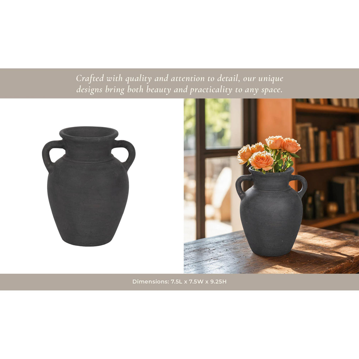 Decorative Vase - Black Ceramic Amphora with Handles, 9 in.