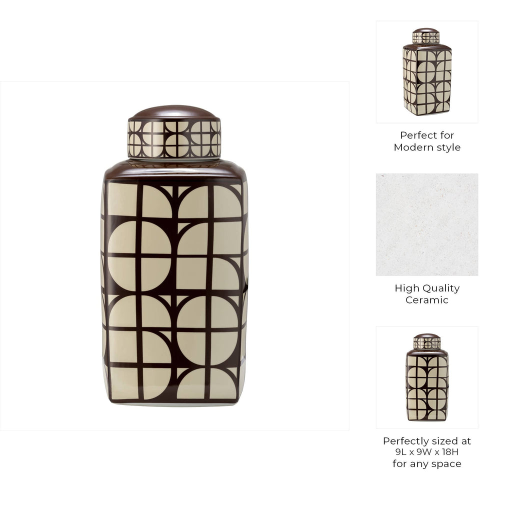 Brown Square Ceramic Decorative Jar with Lid, 18 in.