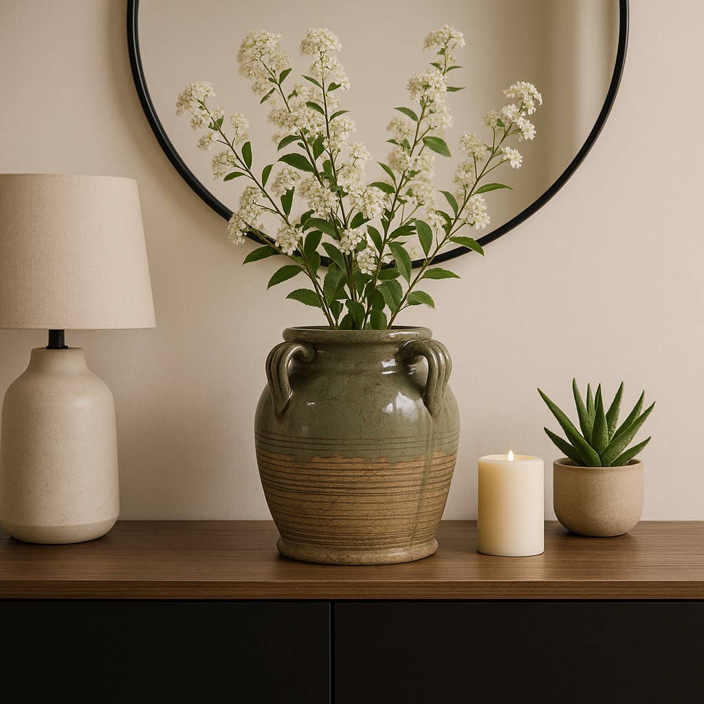 Decorative Vase - Green Ceramic Amphora with Handles, 9 in.