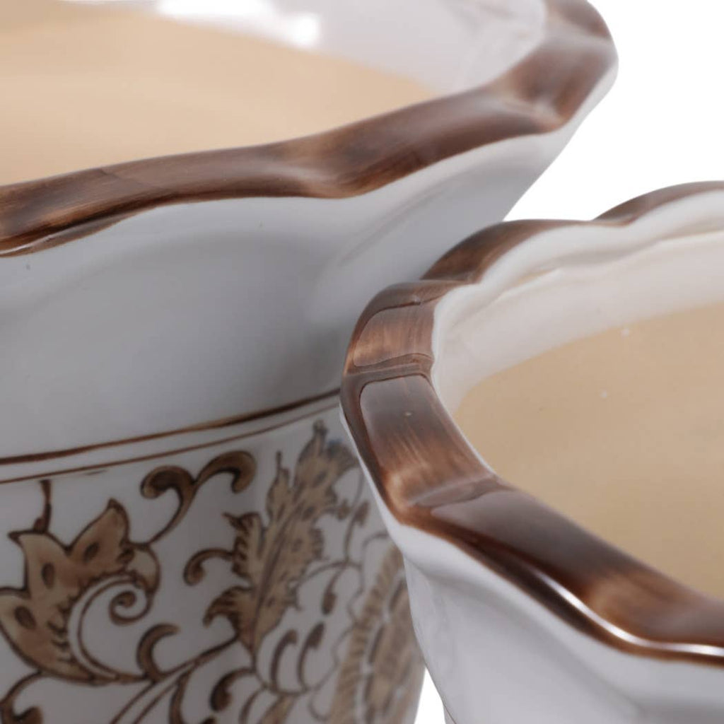Plant Pot Set of 2 - Brown Ceramic Round Chinoiserie, 10/12 in