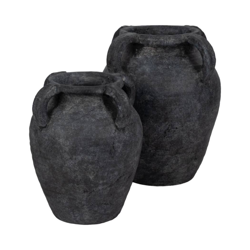 Decorative Vase - Black Pottery Amphora Multi-Handle Jug, 12 in.