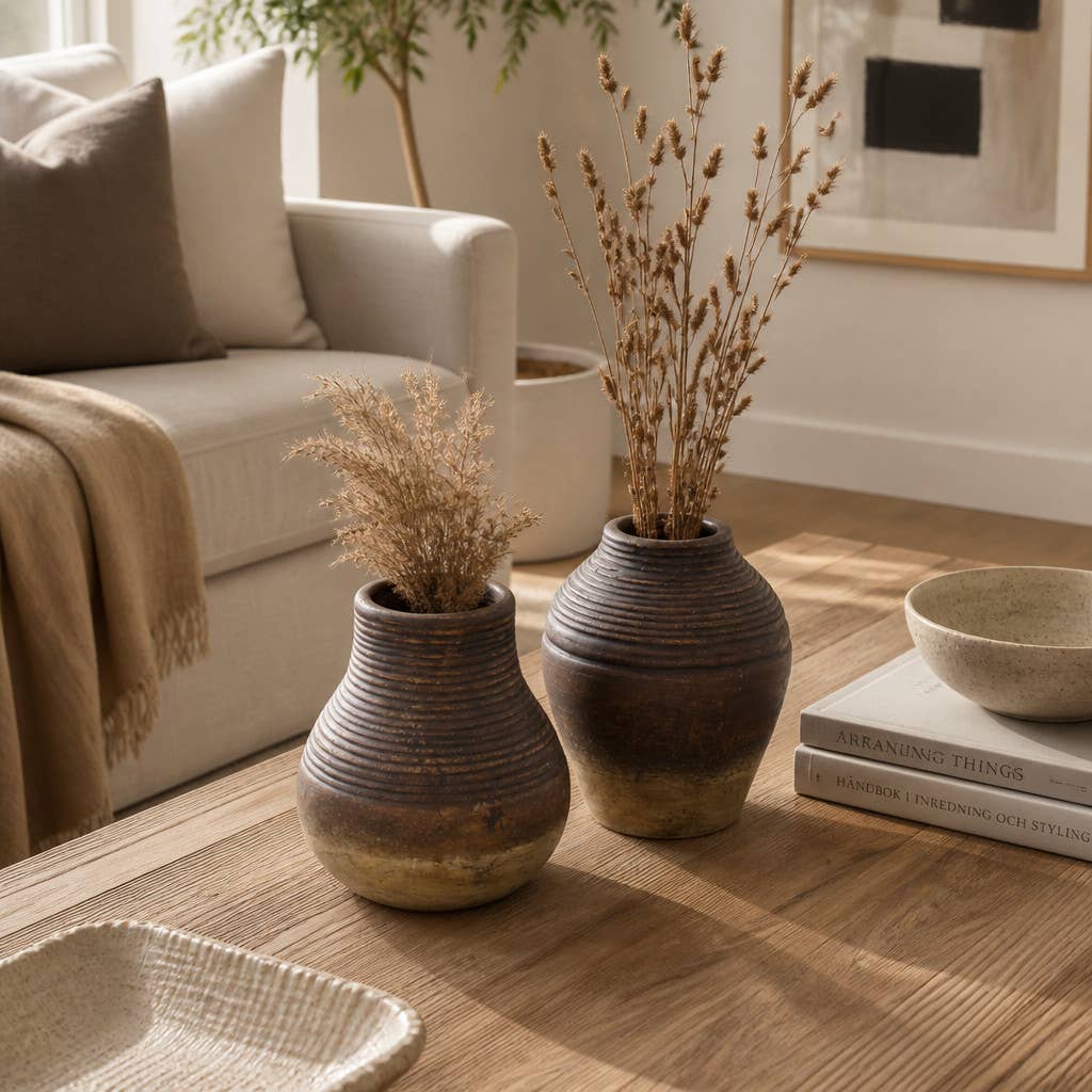 Decorative Vase Set of 2 - Brown Terracotta Grooved Lines, 6 in.