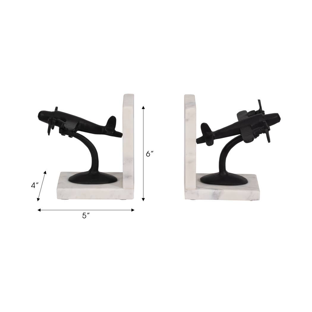 Bookends Set of 2 - Black/White Airplane on Marble, 6 in.