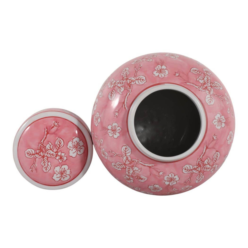 Decorative Jar - Pink Ceramic Chinoiserie with Lid, 10 in.