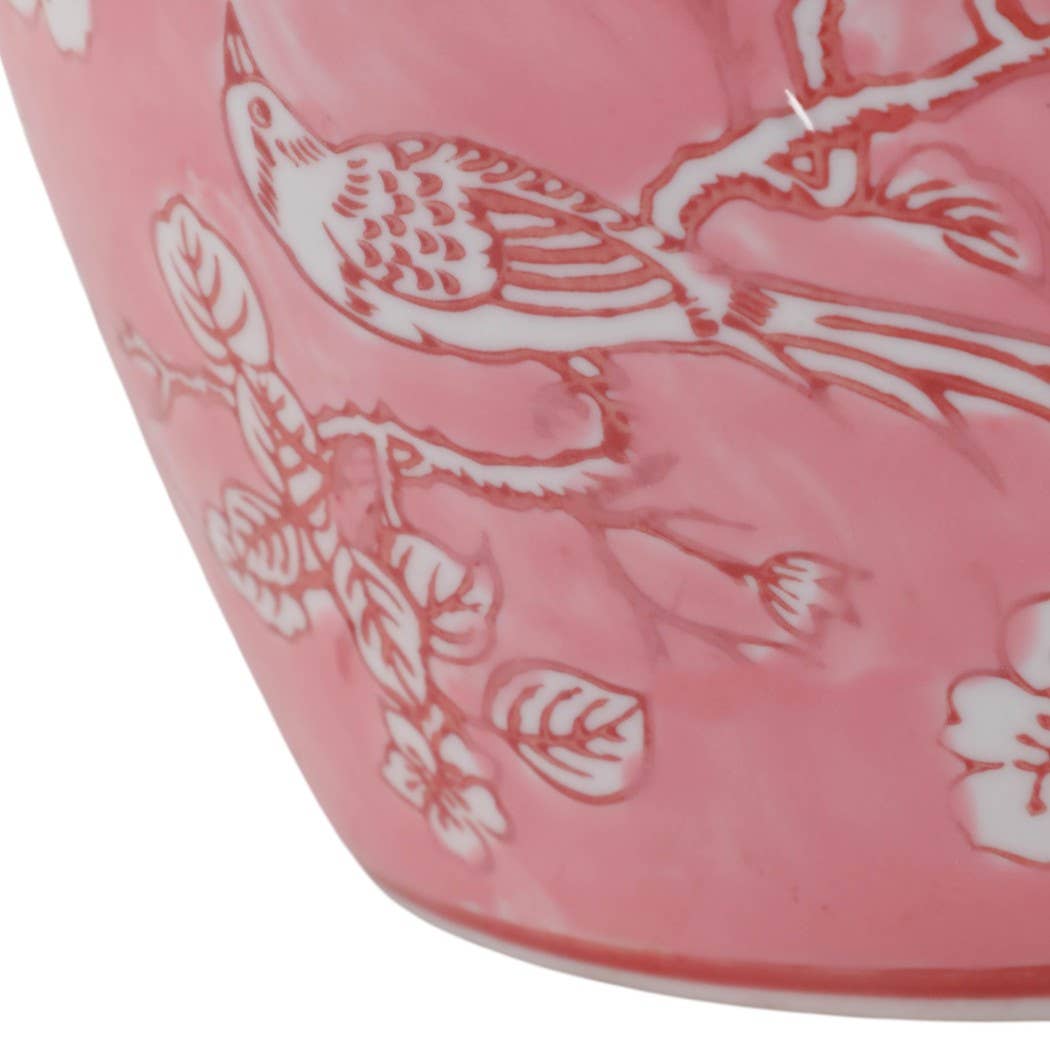 Decorative Jar - Pink Ceramic Chinoiserie with Lid, 10 in.